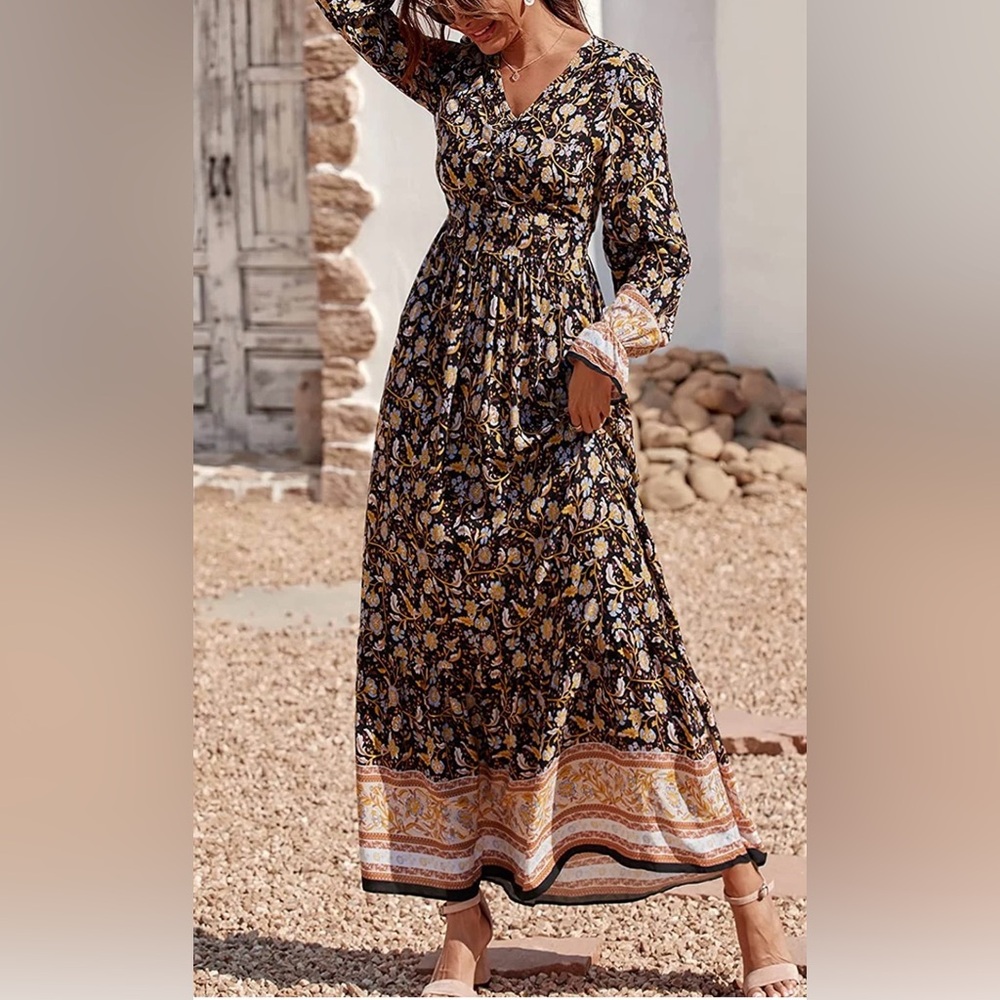 NWT Boho Floral Maxi Dress in Black and Gold